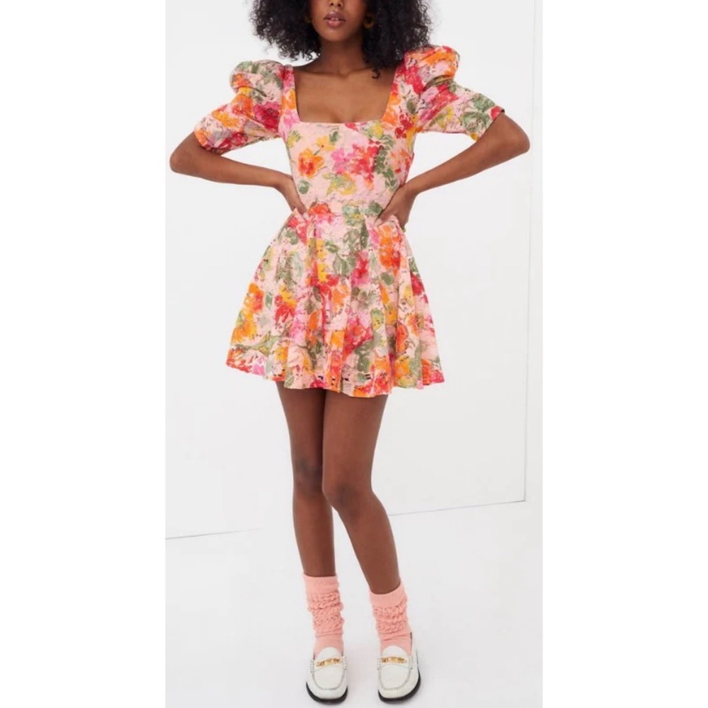 For Love & Lemons Dascha Lace Puff Sleeve Floral Dainty Mini Dress Size M NEW
